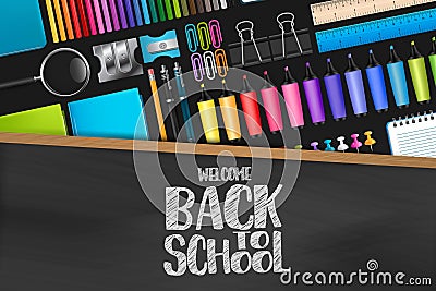 Welcome back to school sign on blackboard with wooden frame. Colorful stationery on dark background. Vector Illustration