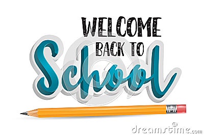 Welcome back to school simple banner with typographu text and a realistic pencil with erasor. Vector Illustration