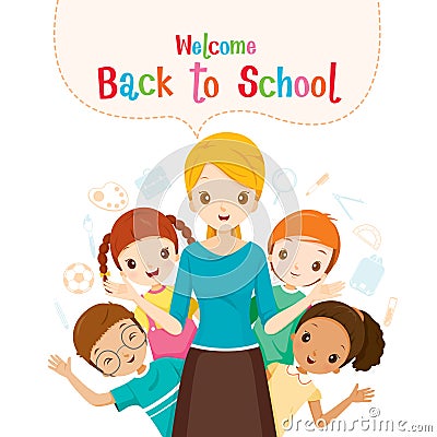 Welcome Back To School, Teacher, Student And Icons Vector Illustration