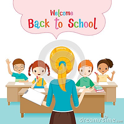 Welcome Back To School With Teacher Teaching Students In Classroom Vector Illustration