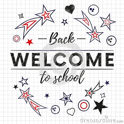 Welcome back to school text banner in white paper background with red and blue stars and signs. Vector. Cartoon Illustration