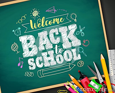 Welcome back to school text drawing by colorful chalk in blackboard Vector Illustration