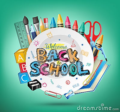 Welcome Back to School Text and School Items in Green Background Vector Illustration