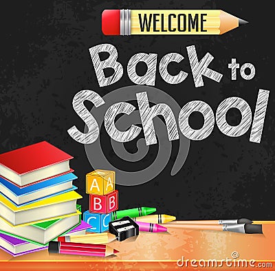 Welcome Back to School Text Written on Black Board Textured Background Vector Illustration
