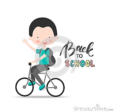 Welcome Back to school vector background with boy on the bike. Vector illustration for website , posters, email and newsletter des Cartoon Illustration