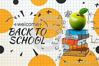 Welcome Back to school web banner, apple and doodle on checkered paper background, vector illustration. Vector Illustration