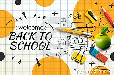 Welcome Back to school web banner, doodle on checkered paper background, vector illustration. Vector Illustration