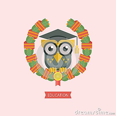 Welcome back to school. A wise owl in an academic cap. Vector em Vector Illustration