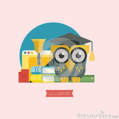 Welcome back to school. A wise owl in an academic cap. Vector em Vector Illustration