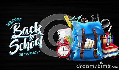 Welcome Back to School Are You Ready Lettering in Black Chalkboard Background Banner Stock Photo