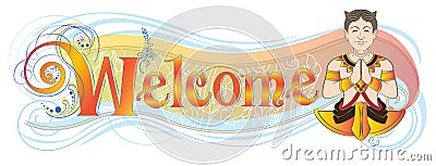 Welcome banner or shop sign has Asian hello acting symbol meaning is sawasdee Vector Illustration