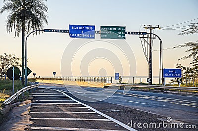 Welcome board on the entrance of Mato Grosso do Sul state on Helio Serejo bridge Editorial Stock Photo