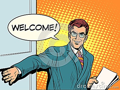 Welcome businessman opens the door Vector Illustration