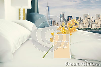 Welcome card placed inside a hotel room Stock Photo