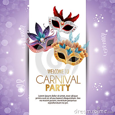 Welcome carnival party cute masks with feathers bright purple background Vector Illustration