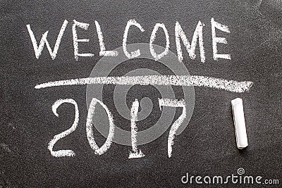 Welcome 2017 on the chalk board. Stock Photo