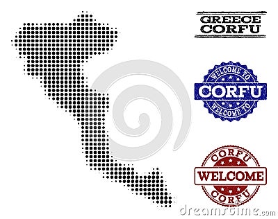 Welcome Collage of Halftone Map of Corfu Island and Grunge Seals Vector Illustration