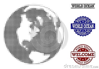 Welcome Collage of Halftone Map of Global Ocean and Scratched Seals Vector Illustration