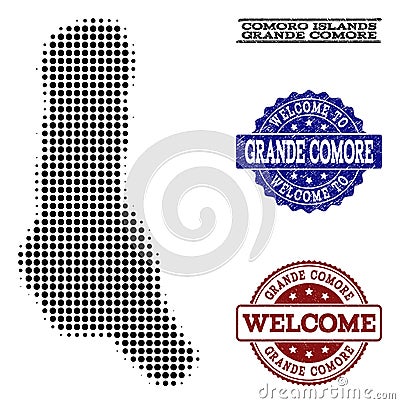 Welcome Collage of Halftone Map of Grande Comore Island and Grunge Stamps Vector Illustration