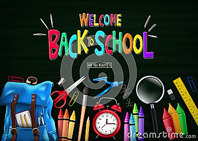 Welcome Colorful Back to School Message in Green Chalkboard Top View with Blue Backpack Stock Photo