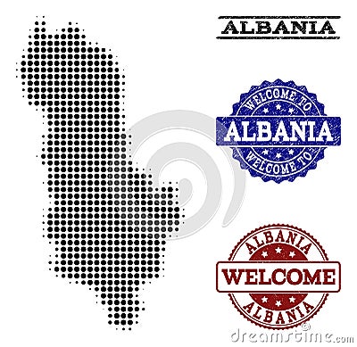 Welcome Composition of Halftone Map of Albania and Textured Stamps Vector Illustration