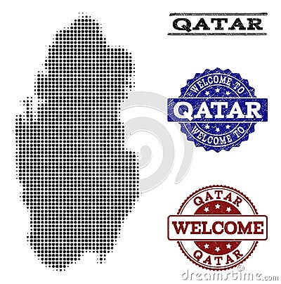 Welcome Composition of Halftone Map of Qatar and Distress Seals Vector Illustration