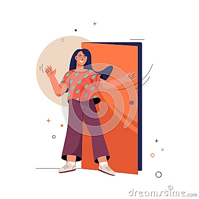 Welcome concept. Smiling woman stands at door Vector Illustration