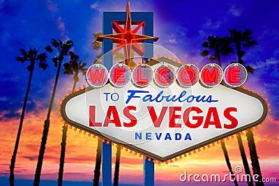 Welcome Fabulous Las Vegas sign sunset palm trees Nevada Stock Photo