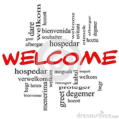 Welcome Foreign Language Word Cloud in Red & Black Stock Photo