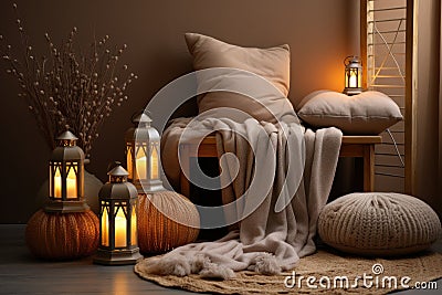 Welcome guests with the warmth of a lantern lit entryway and comfortable slippers, hygge concept, AI Generated Stock Photo