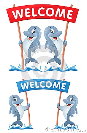 Welcome! Illustration with funny dolphins. Vector Illustration