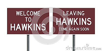 Welcome and leaving road sign of Hawkins Cartoon Illustration