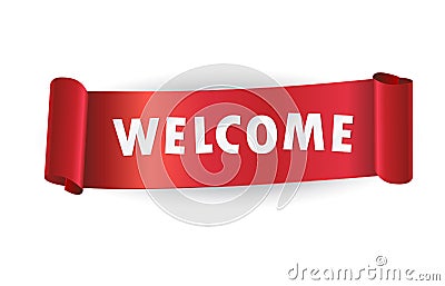 Welcome logo red curled ribbon banner Vector Illustration