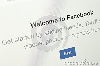 welcome message displayed on the facebook page when creating a new user account Editorial Stock Photo