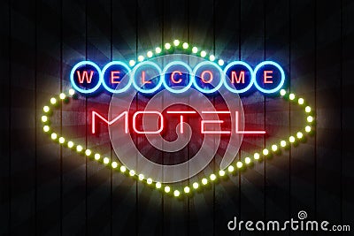 Welcome Motel neon sign on a Dark Wooden Wall 3D illustration Cartoon Illustration