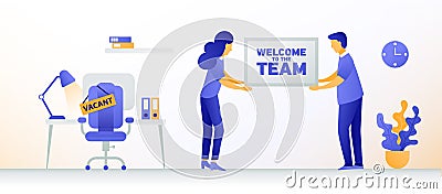 Welcome new employee. Man and woman are hiring new staff. Vacant place in an office. Workplace with a computer in the Vector Illustration