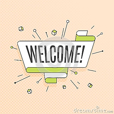 Welcome. Retro design element in pop art style on halftone color Vector Illustration