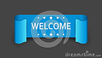Welcome ribbon vector icon. Hello sticker label on black background. Vector Illustration