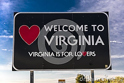 Welcome sign, entrance to the state of Virgina, 'Virginia is for Lovers' - October 26, 2016 Editorial Stock Photo