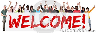 Welcome sign group of young multi ethnic people holding banner Stock Photo