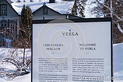 Welcome sign and information in historical Verla mill village and museum in winter. UNESCO World Heritage site in Kouvola, Finland Editorial Stock Photo