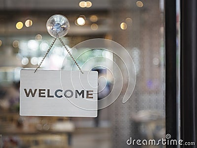 Welcome sign outside a restaurant, store, office or other Stock Photo