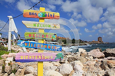 Welcome signs in different languages in Willemstad, Curacao Stock Photo