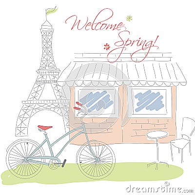 Welcome spring in Paris postcard, hand drawn Vector Illustration