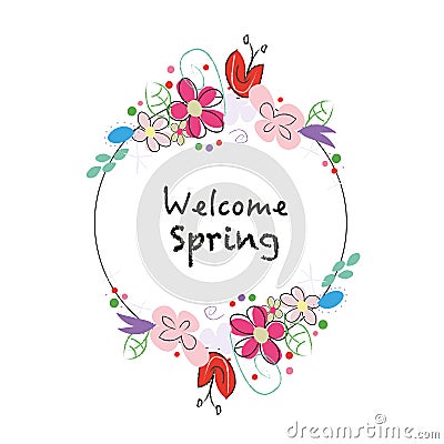 ``Welcome spring`` text chalkboard style wreath with abstract spring flowers Vector Illustration