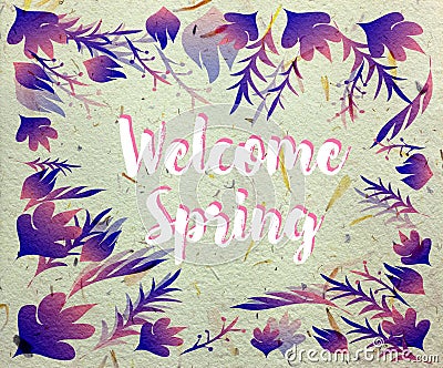 Welcome Spring typography leaves foliage paper texture background Stock Photo