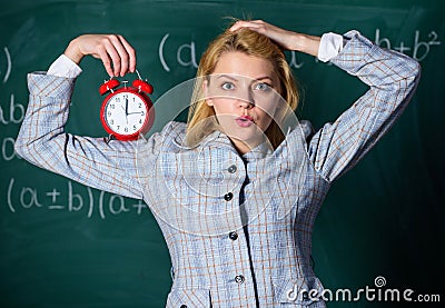 Welcome teacher school year. Healthy daily regime. Educator start lesson. She care about discipline. Woman teacher hold Stock Photo