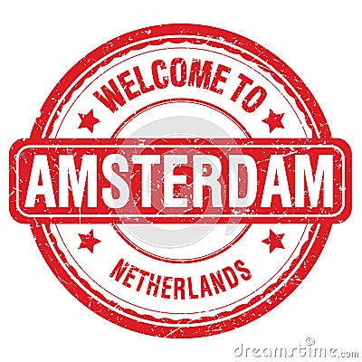 WELCOME TO AMSTERDAM - NETHERLANDS, words written on light red stamp Stock Photo