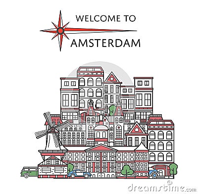 Welcome to Amsterdam poster in linear style Vector Illustration