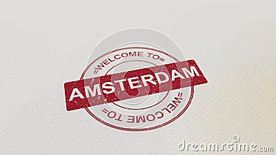 WELCOME TO AMSTERDAM stamp red print on the paper. 3D rendering Stock Photo